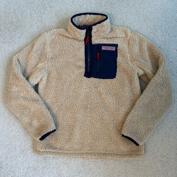 Vineyard Vines Cream and Navy Sherpa Pullover - Picture 2 of 7
